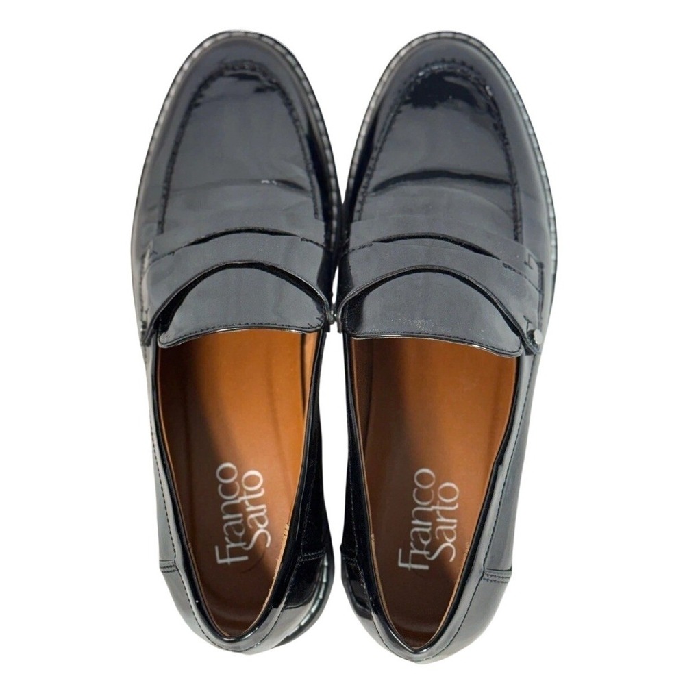 Franco Sarto Black Patent Leather Platform 7.5 Penny Loafers Lug Sole Shoes